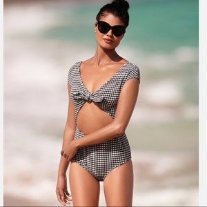 Blk Retro Tie Knot Bow Cutout Cap Sleeve OnePC NWT